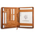 Brown leather organizer with a pen holder and notebook on a white background