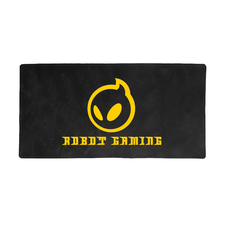 Black gaming mat with yellow robot logo and &
