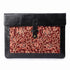 Black leather clutch with red floral pattern on a white background