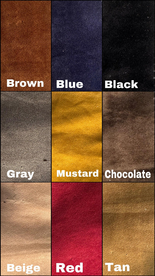 Color swatches of brown, blue, black, gray, mustard, chocolate, beige, red, and tan.