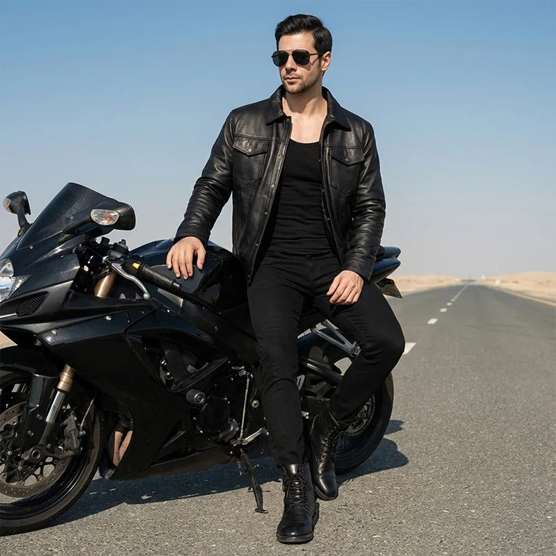Men’s Black Leather Jacket with Zip Pockets