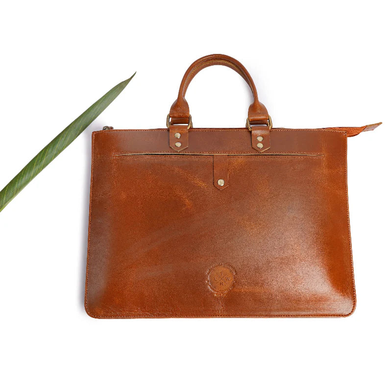 Brown leather briefcase on a white background
