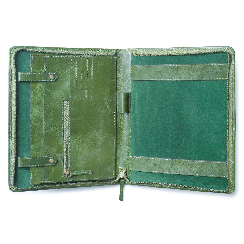 Green leather portfolio with open design on a white background