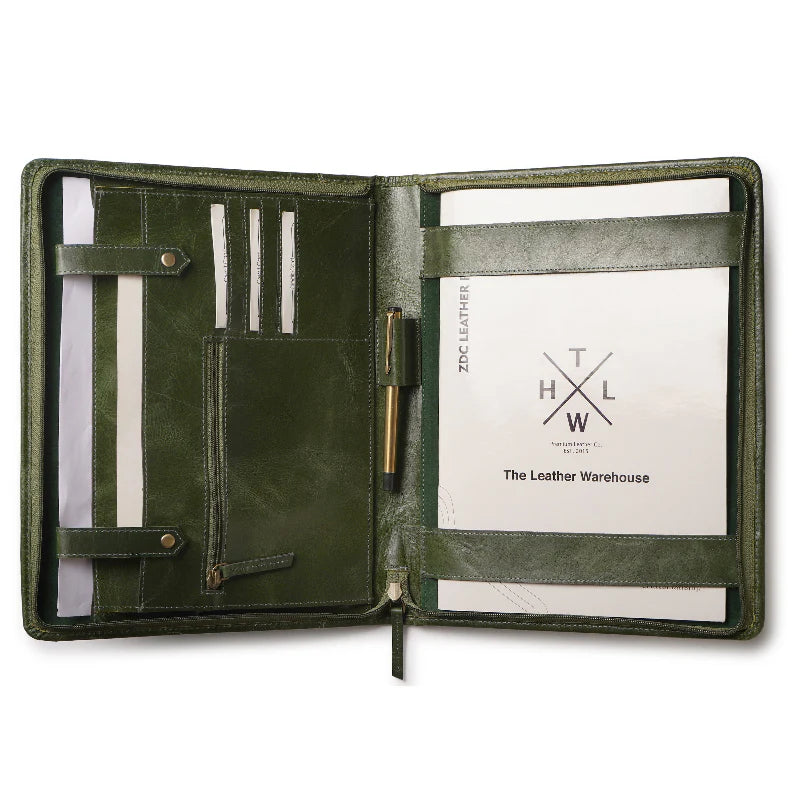 Green leather portfolio with a visible brand label on a white background
