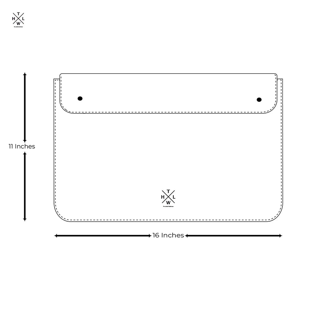 Measurement chart of a pouch with dimensions and brand logo.