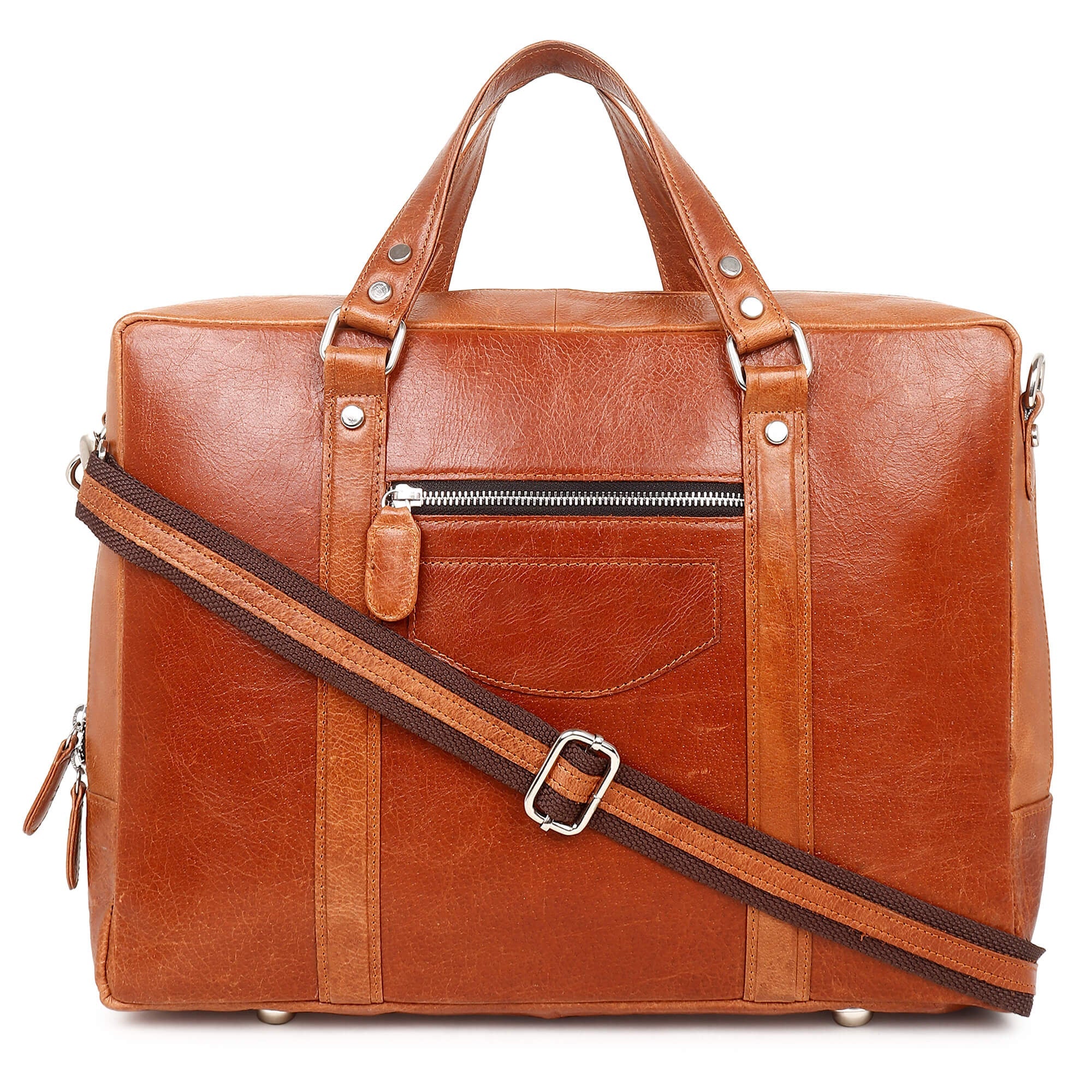 Brown leather bag with a shoulder strap on a white background
