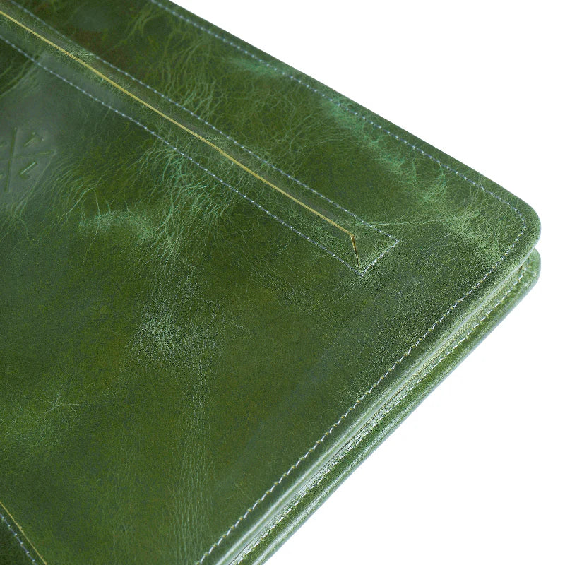 Close-up of a green leather wallet with visible texture and stitching.