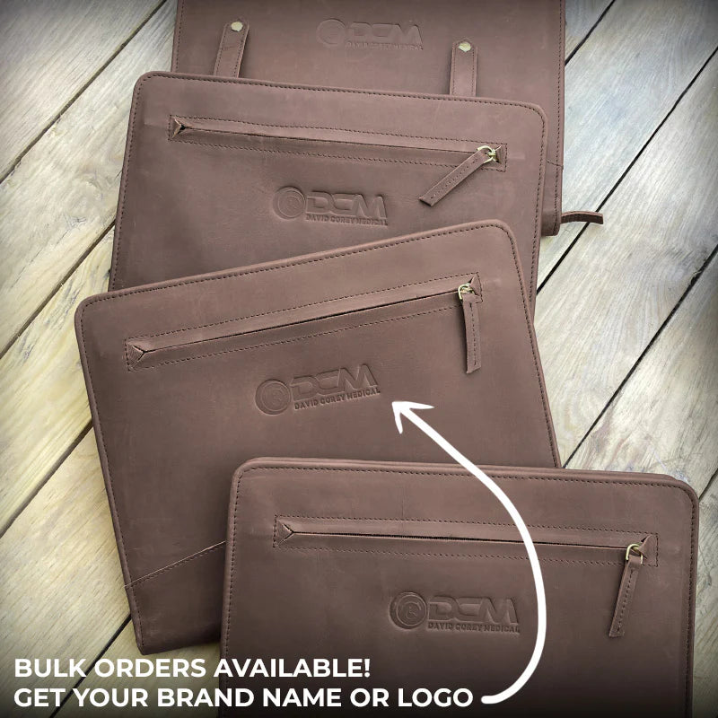 Brown leather bags with a visible brand logo on a wooden surface, with text promoting bulk orders.