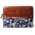 Leather and floral patterned pouch on a white background