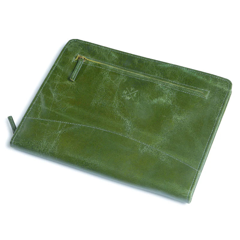 Green leather pouch on a white background