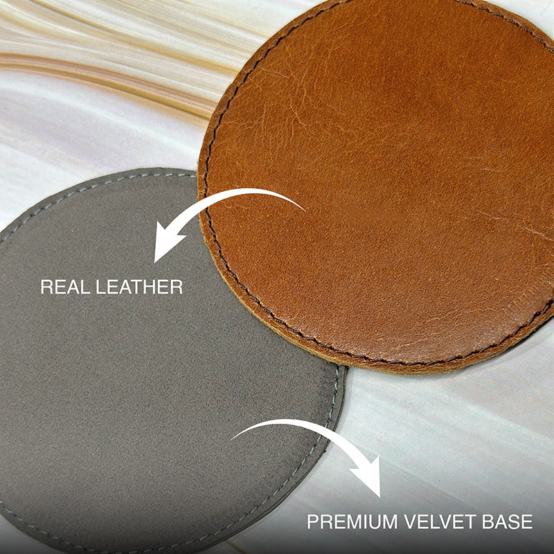 Two leather coasters, one brown and one gray, on a white background with text indicating &