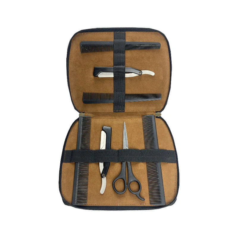 Barber kit with scissors, razor, and combs in a brown case on a white background
