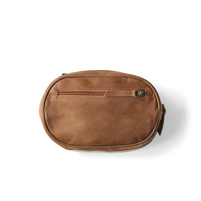 Brown leather pouch with a zipper on a white background