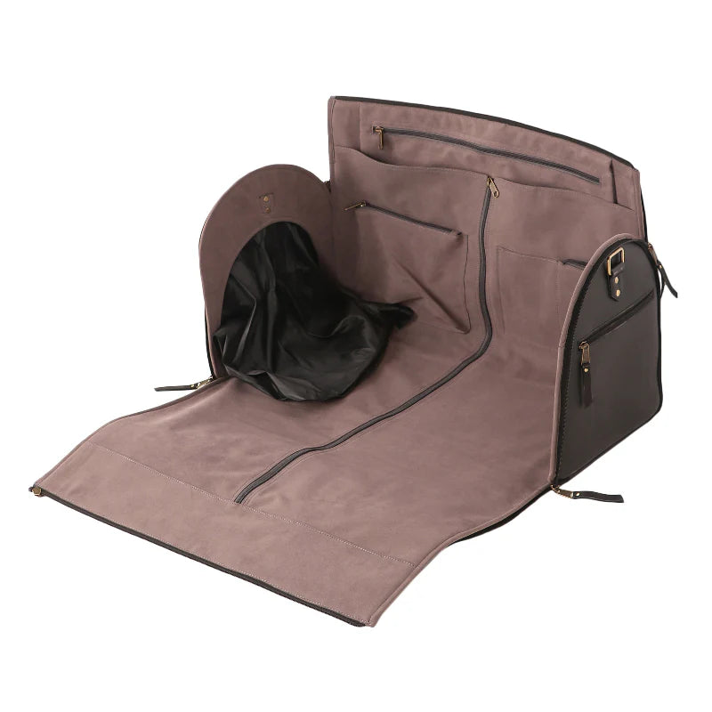 Brown pet carrier with open door on a white background