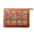 Pouch with floral pattern and brown leather edges on a white background