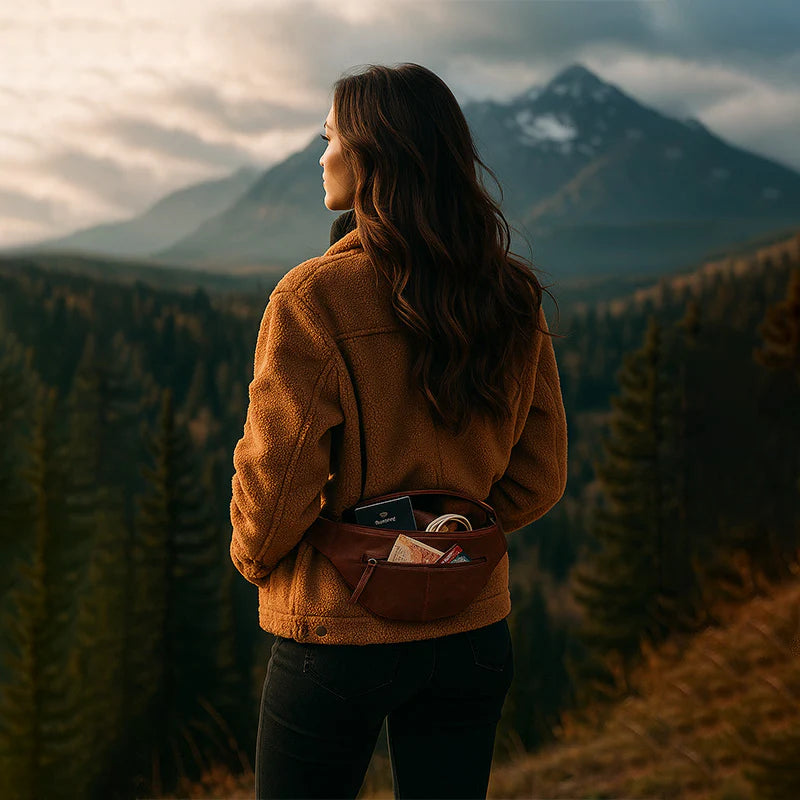Person wearing a brown jacket and carrying a fanny pack, standing in a mountainous landscape.