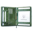 Green leather portfolio with pen holder and visible brand logo on a white background