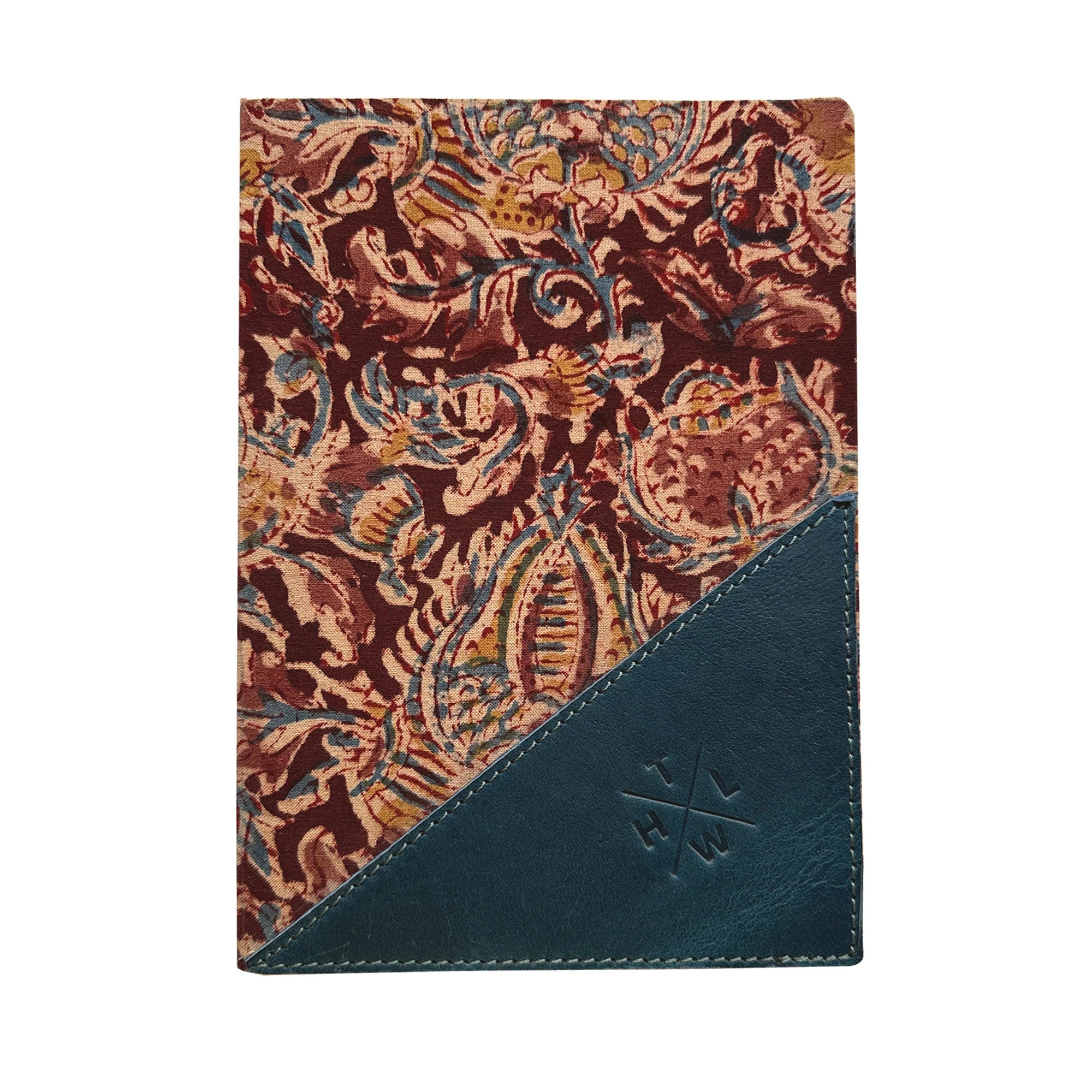 Notebook with paisley pattern and blue corner on a white background