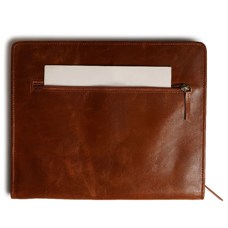 Brown leather pouch with a zipper on a white background
