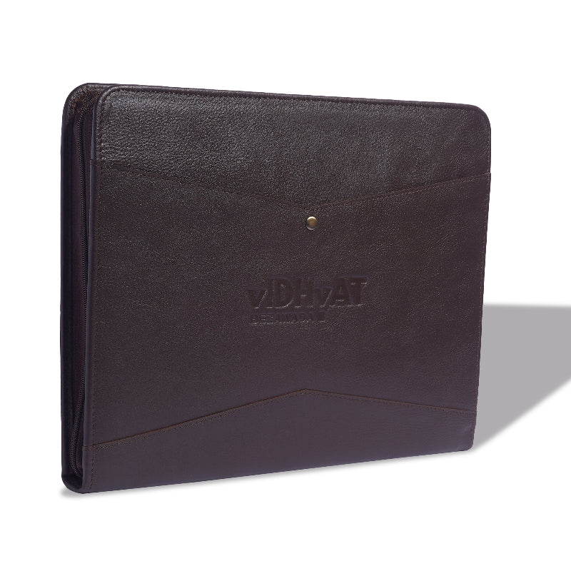 Dark brown leather portfolio with visible brand logo on a white background