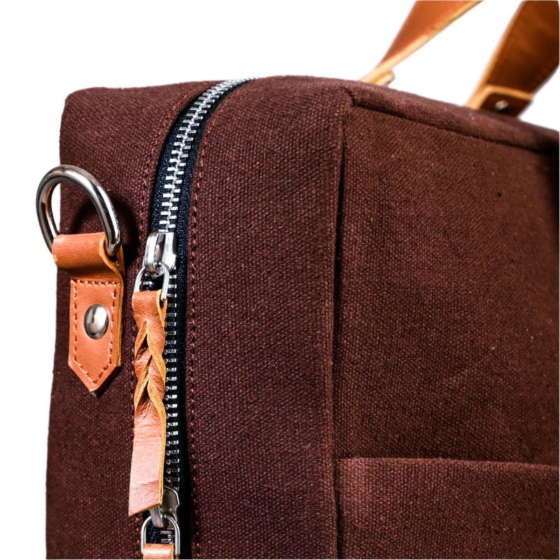 Brown bag with leather strap and zipper on a white background