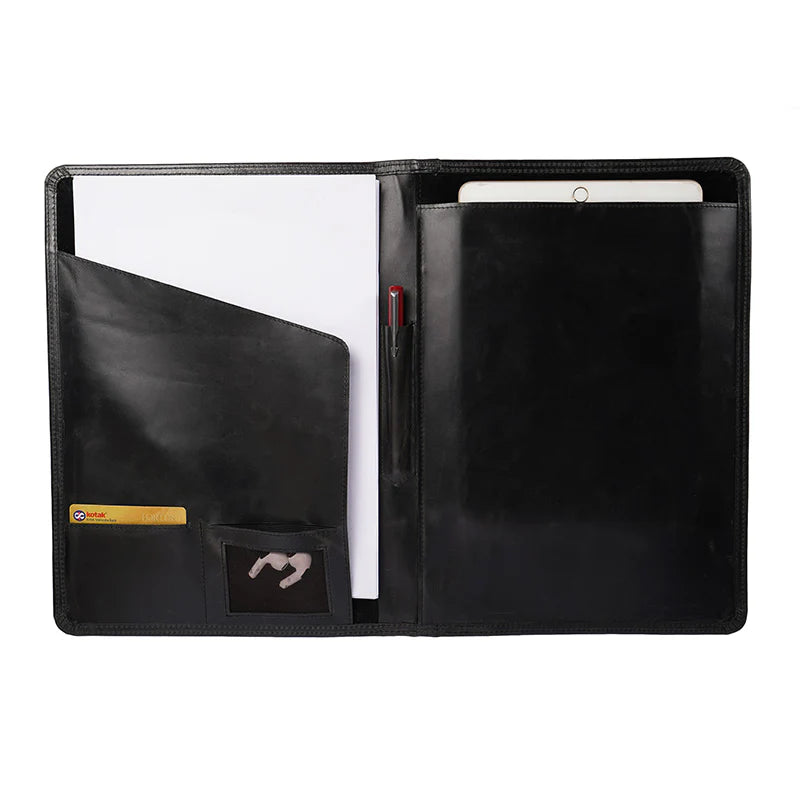 Black leather portfolio with open design on a white background