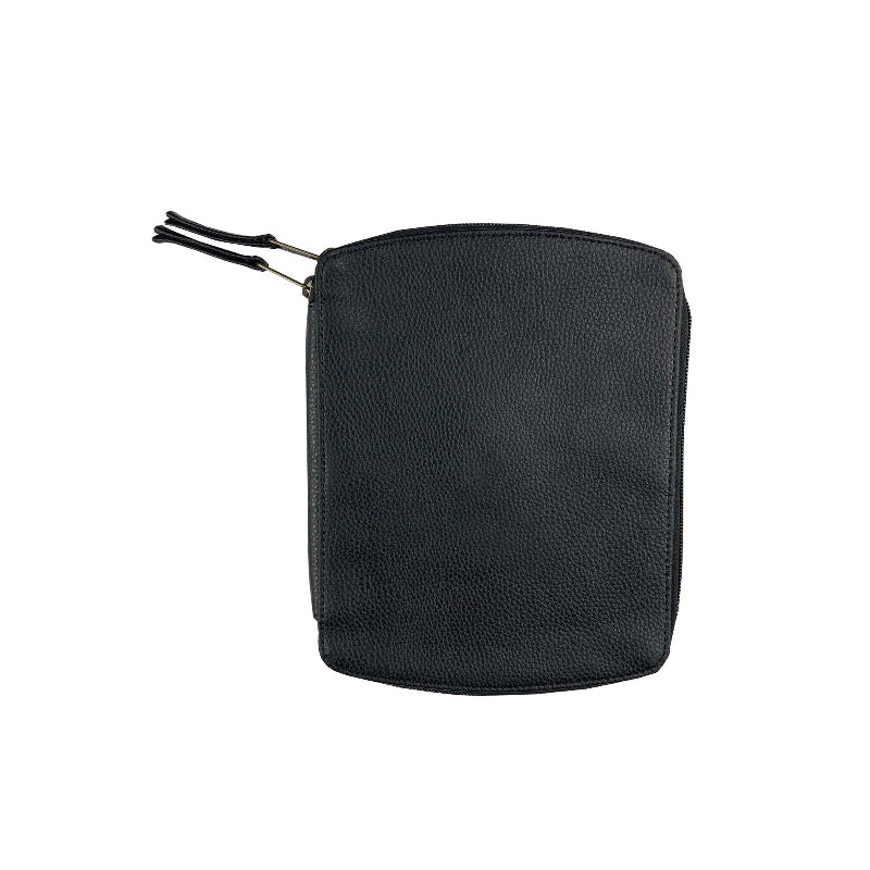 Black leather pouch with a zipper on a white background