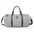 Gray duffel bag with blue straps on a white background