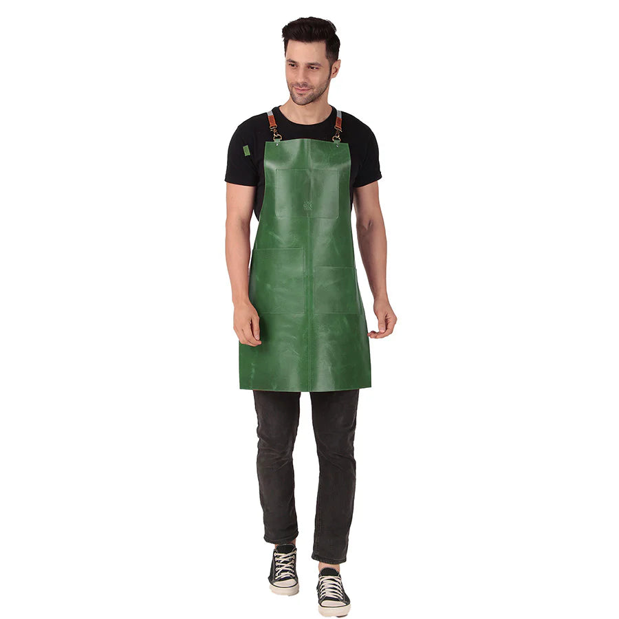 Man wearing a green apron on a white background