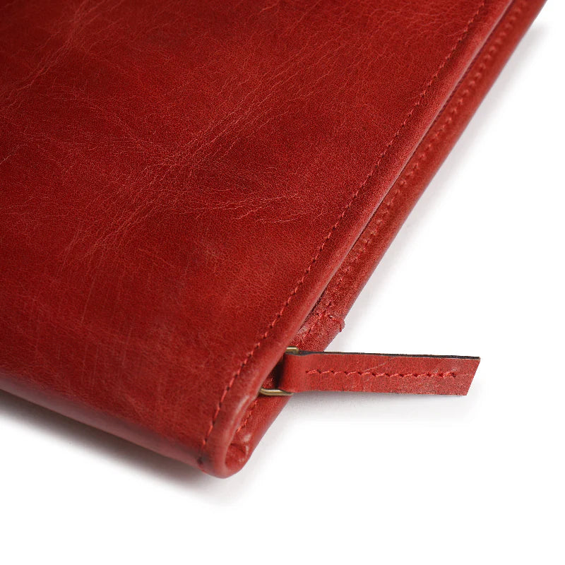 Close-up of a red leather wallet on a white background