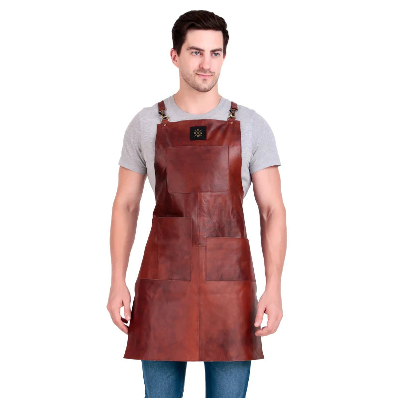 Man wearing a brown leather apron on a white background