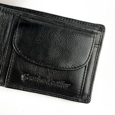 Black leather wallet with brand logo on a white background