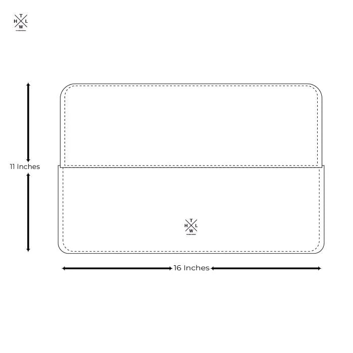 Measurement chart of a wallet with dimensions labeled on a white background