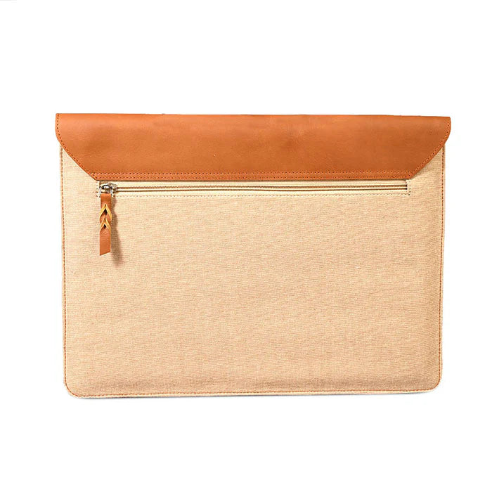 Beige pouch with brown flap and zipper on a white background