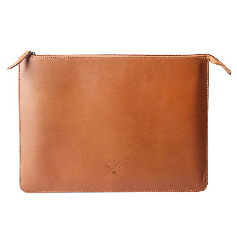 Brown leather pouch with zipper on a white background