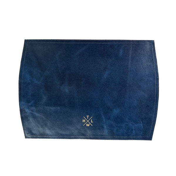 Blue leather pouch with a logo on a white background