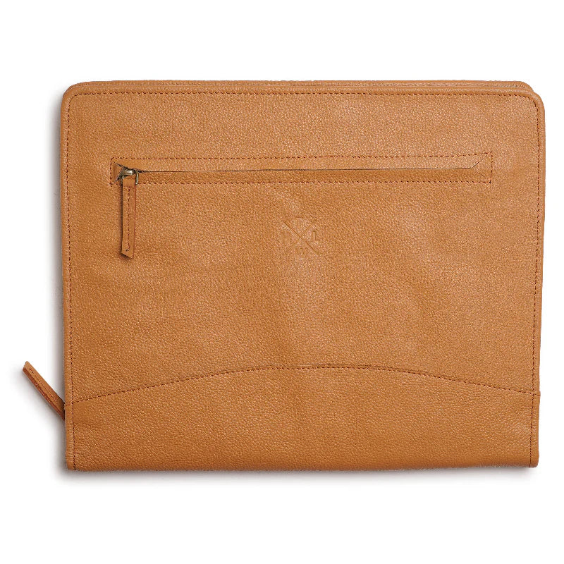 Brown leather pouch with a zipper on a white background
