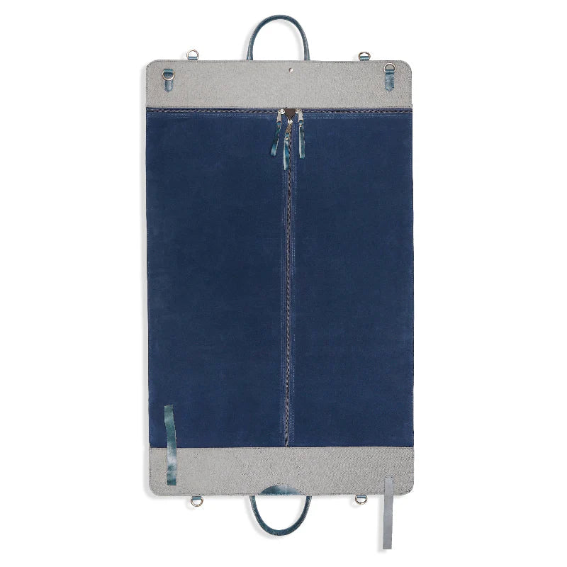 Navy and gray bag with a zipper on a white background