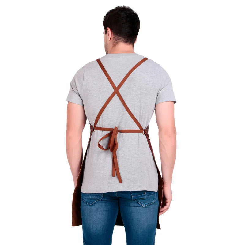 Person wearing a brown apron over a gray shirt on a white background