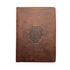 Brown leather wallet with embossed logo on a white background