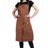 Brown apron worn by a person on a white background