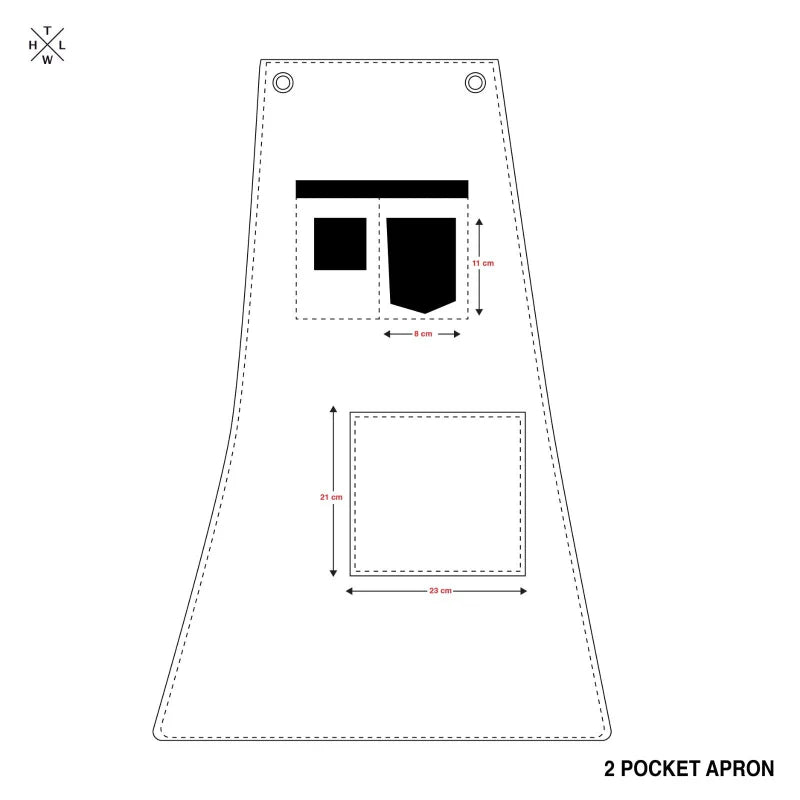 Diagram of a 2-pocket apron with dimensions on a white background