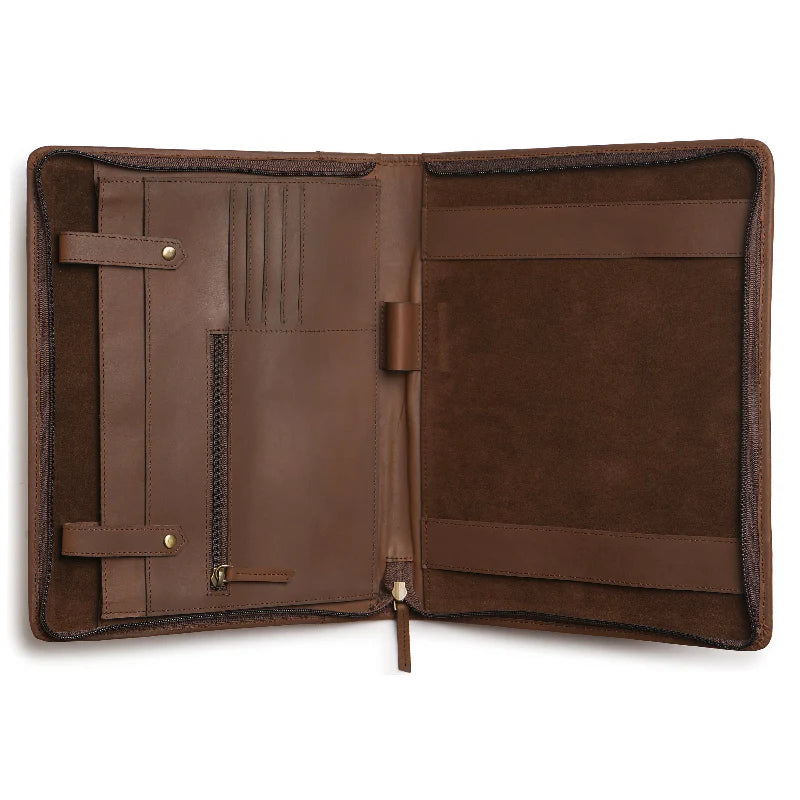 Brown leather portfolio with open design on a white background