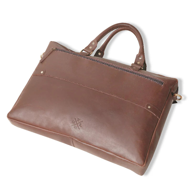 Brown leather handbag with visible brand logo on a white background