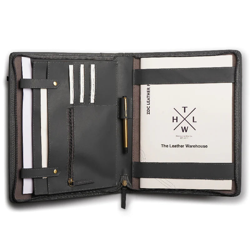 Black leather portfolio with pen holder and ZDC Leather Warehouse branding