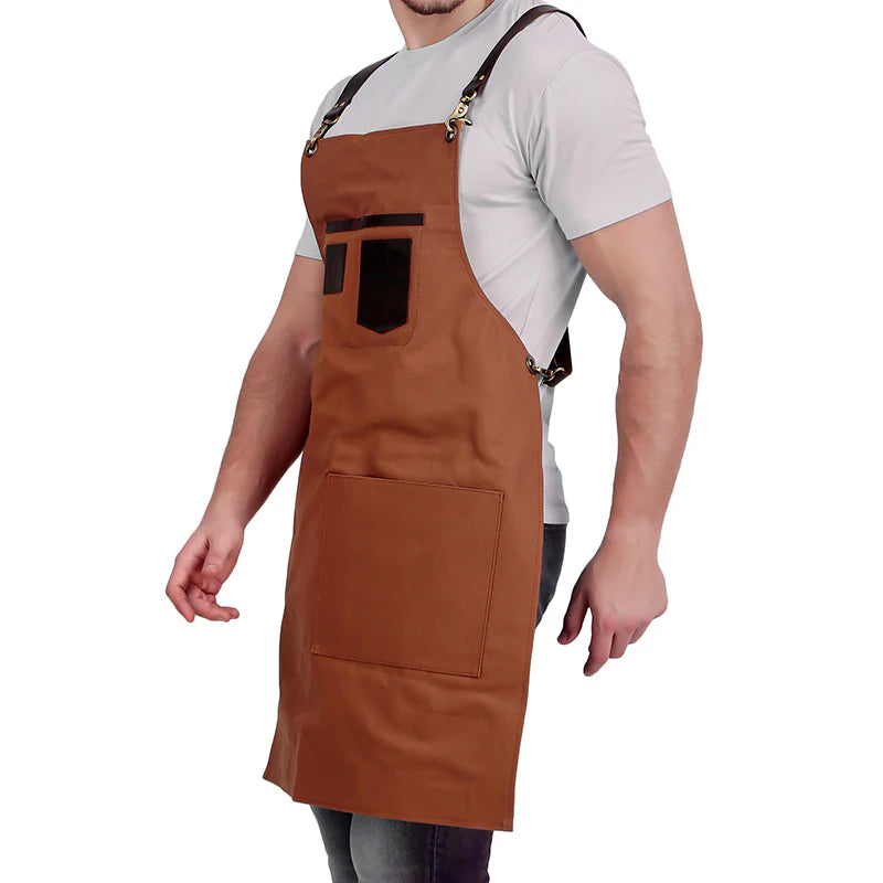 Brown apron worn by a person on a white background