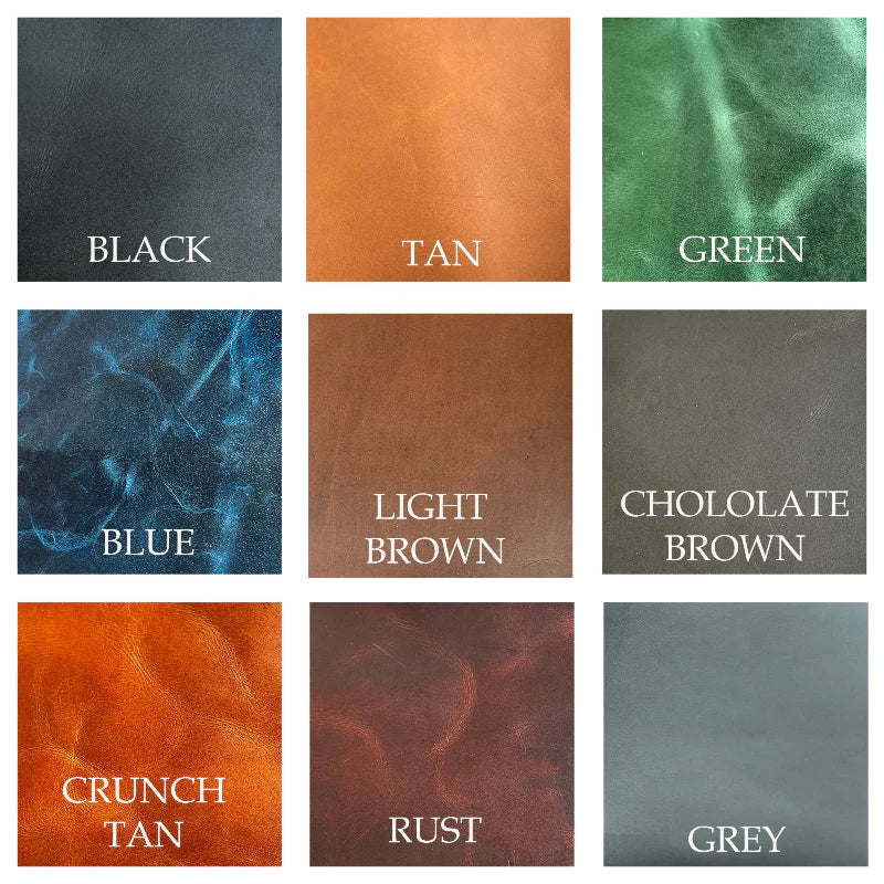 Grid of leather texture swatches with labels for color names.