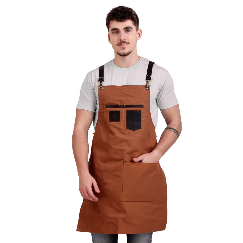 Man wearing a brown apron on a white background