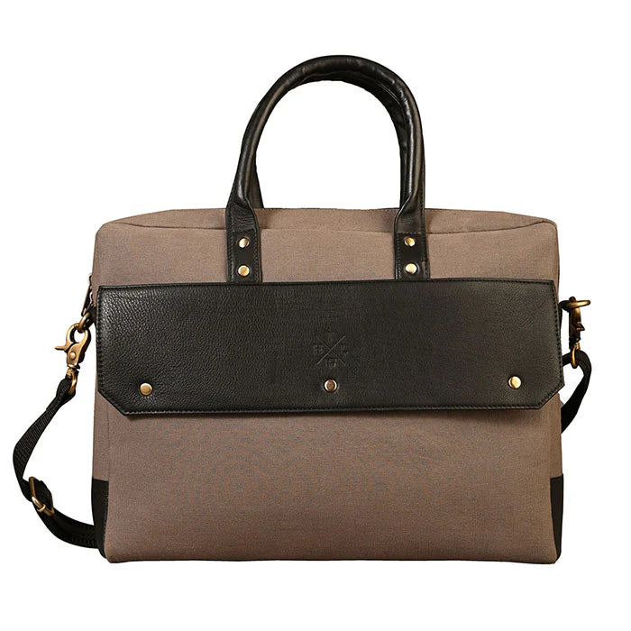 Brown and black handbag with gold accents on a white background