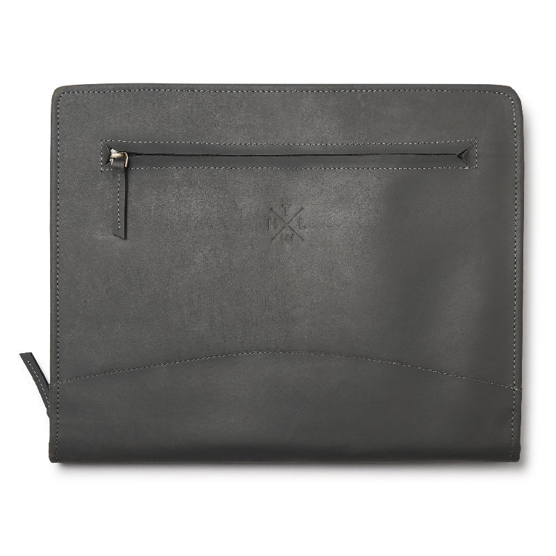 Dark gray leather pouch with zipper on a white background